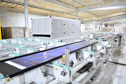 BIPV solar roof panel on manufacturing line in Fortified Solar's manufacturing warehouse